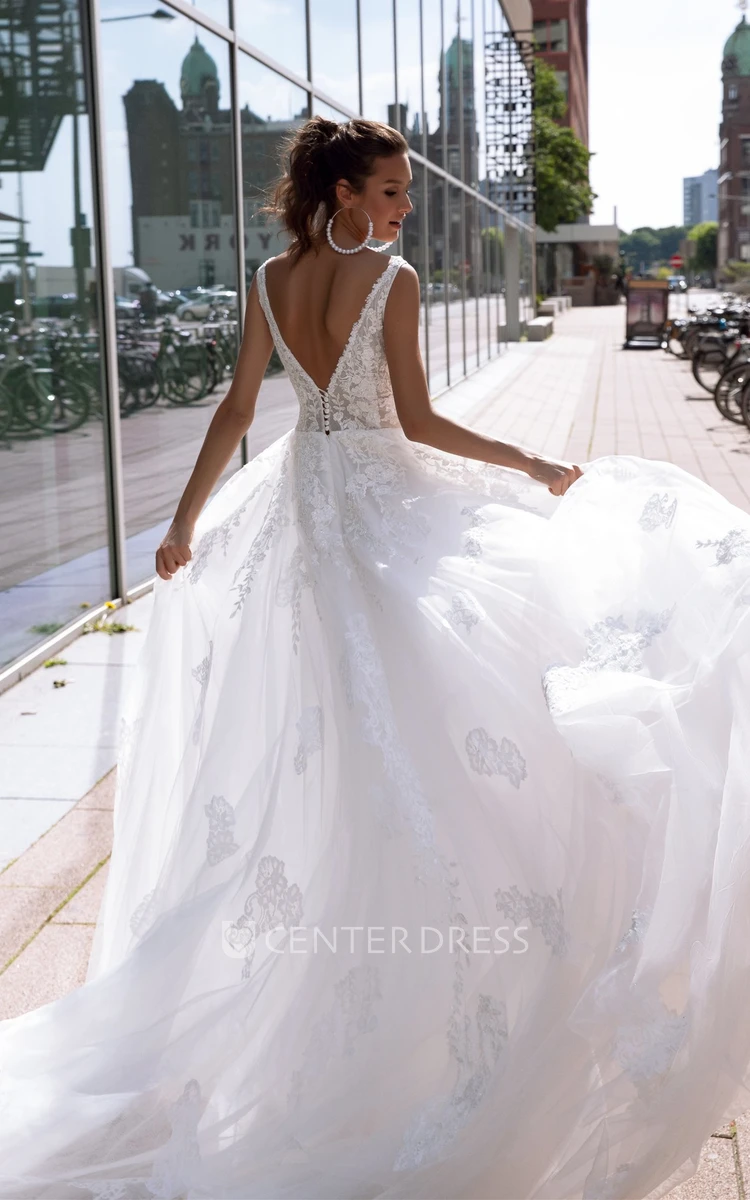 Charming Ball Gown V-neck Lace and Tulle Wedding Dress