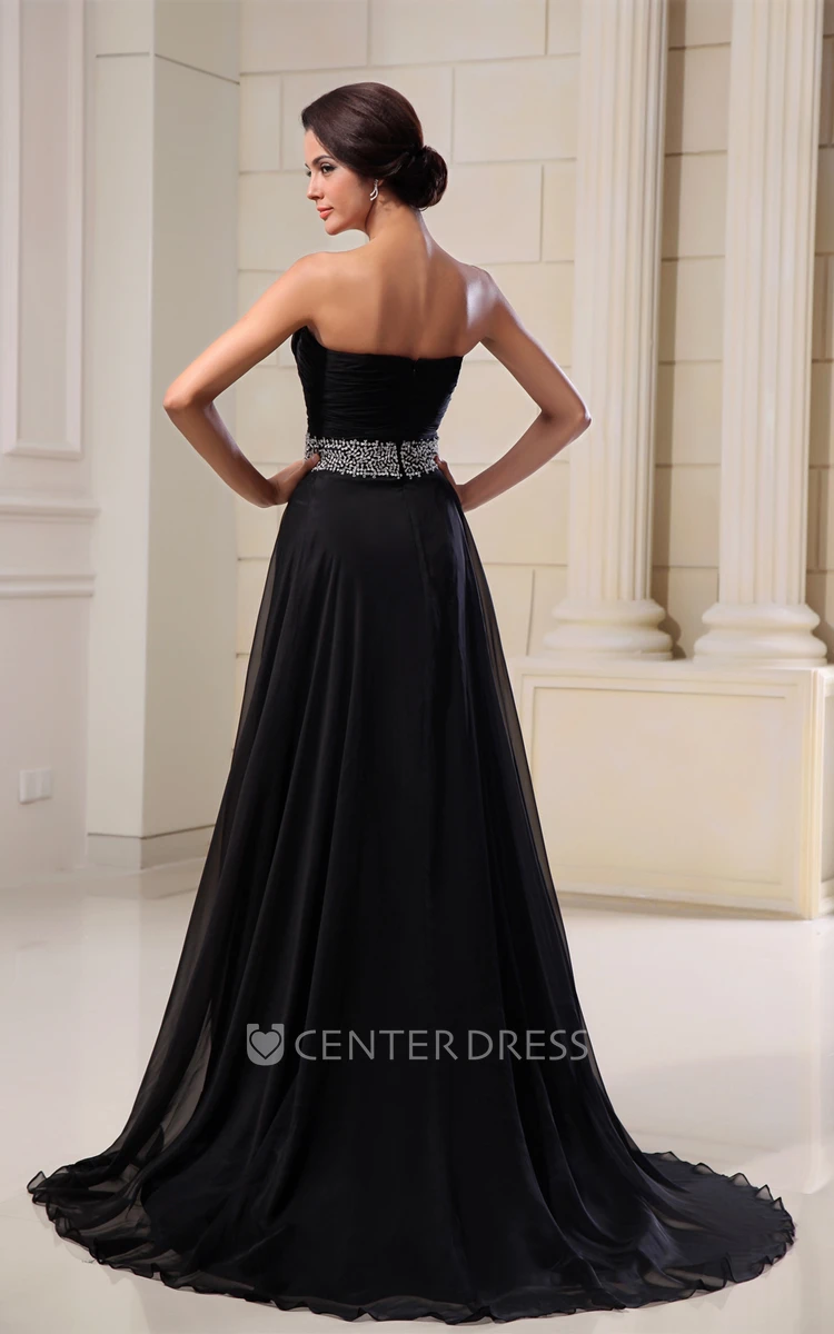 Strapless Sleeveless A Line Chiffon Formal Dress With Sequined Waist