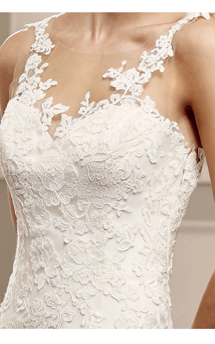 Scoop Long Appliqued Lace Wedding Dress With Court Train And Illusion