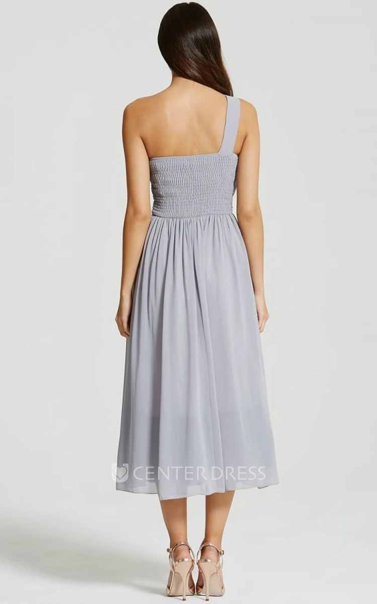 Tea-Length Sleeveless One-Shoulder Ruched Chiffon Bridesmaid Dress With Beading