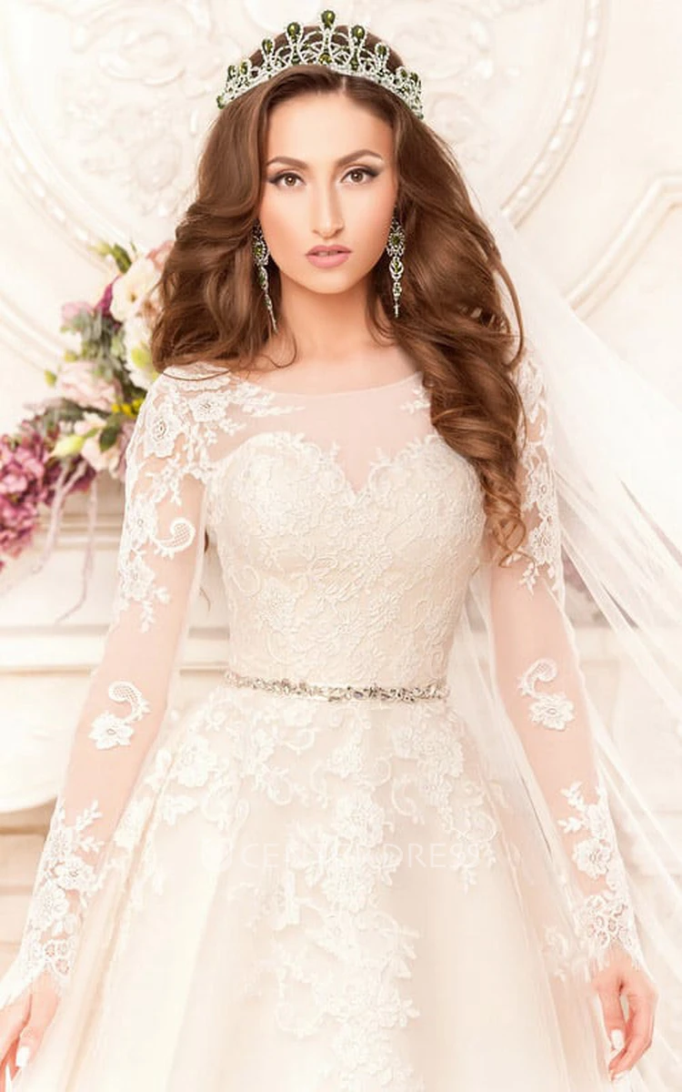 A-Line Floor-Length Scoop Long-Sleeve Low-V-Back Lace Dress With Appliques And Waist Jewellery