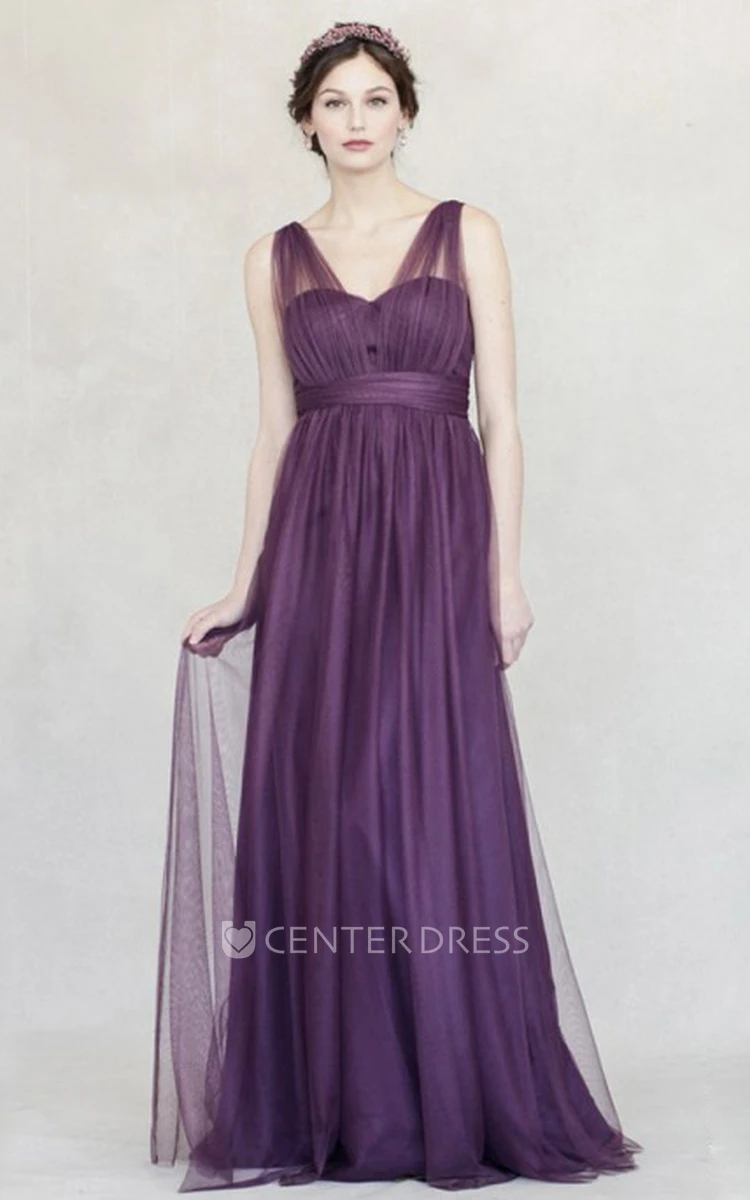 Maxi Ruched V-Neck Empire Sleeveless Tulle Bridesmaid Dress With Straps