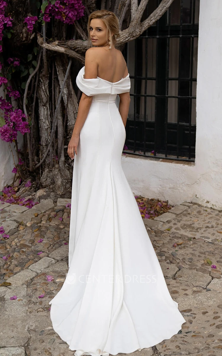 Satin Off-the-Shoulder Sheath Wedding Dress with Open Back and Zipper