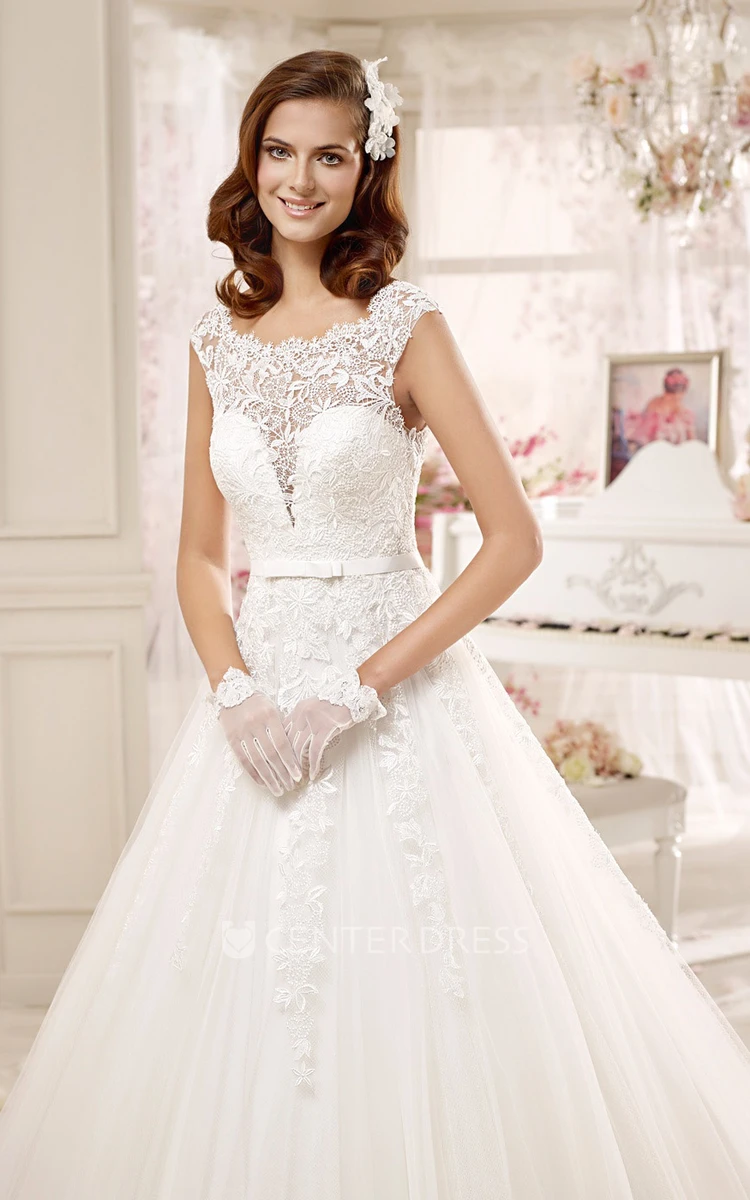Scalloped-neck Cap-sleeve Wedding Gown with Illusive Lace and Brush Train