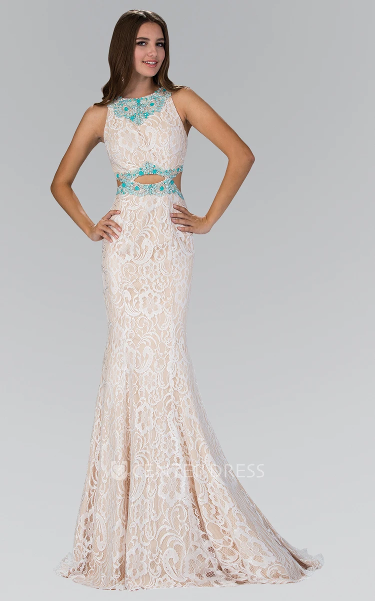 Trumpet Floor-Length Jewel-Neck Sleeveless Lace Zipper Dress With Beading