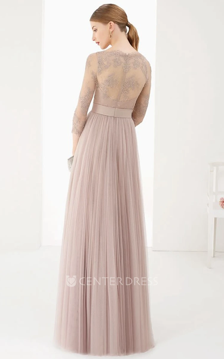 Sheath 3-4-Sleeve Jewel-Neck Floor-Length Lace Tulle Prom Dress With Flower And Pleats