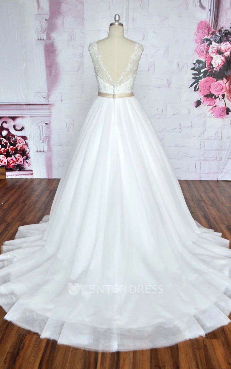 Deep V-back A-line Tulle Ballgown Sleeveless Wedding Dress With Illusion Neckline