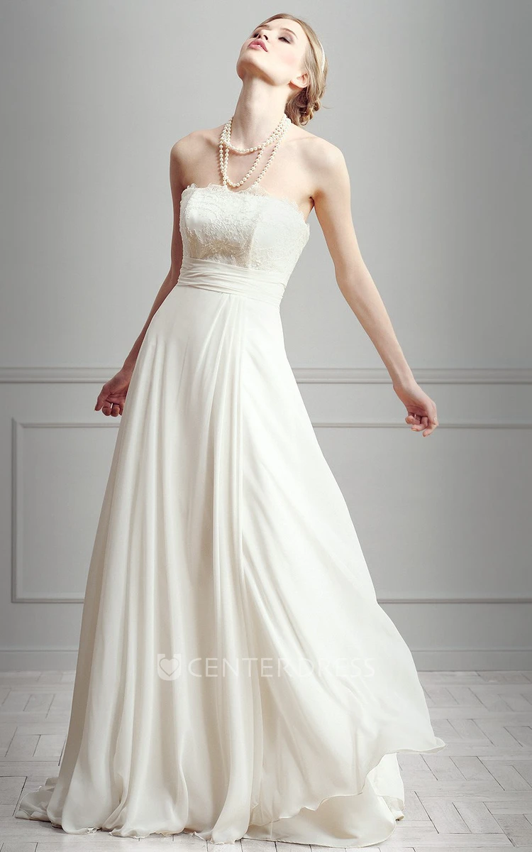 Sheath Lace Strapless Floor-Length Sleeveless Chiffon Wedding Dress