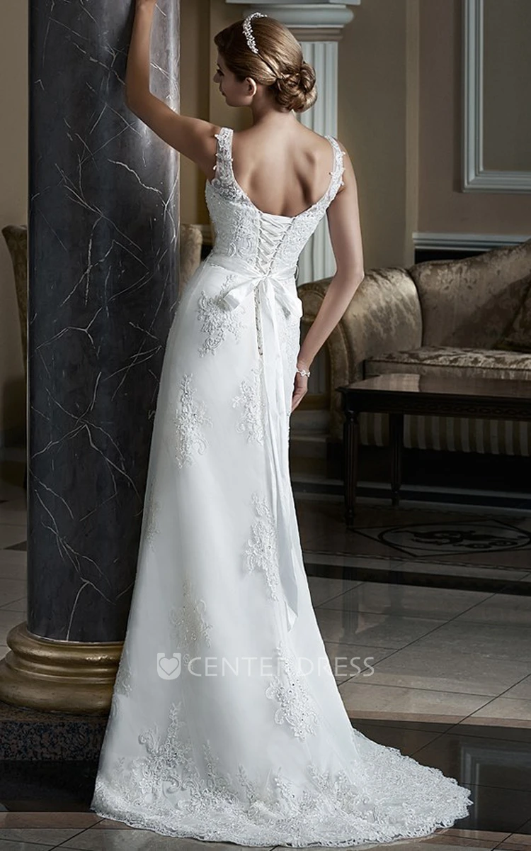 A-Line Appliqued Sleeveless V-Neck Long Lace Wedding Dress With Bow