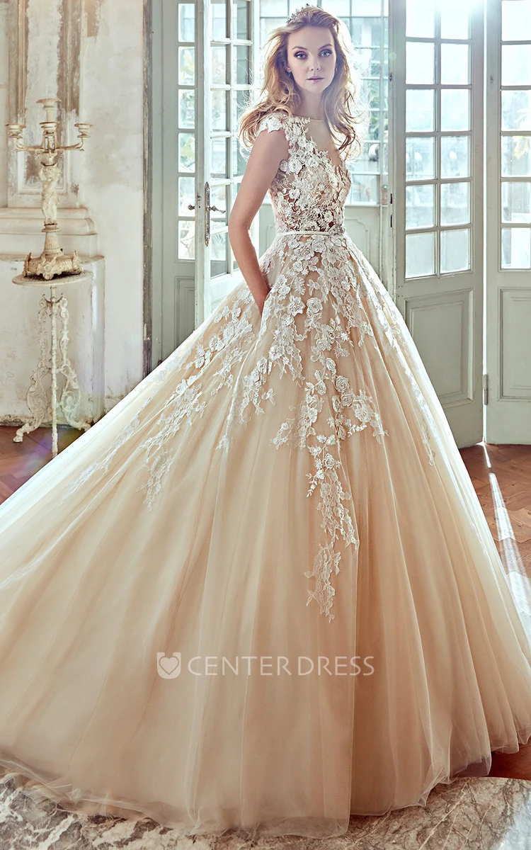 V-Neck A-Line Wedding Dress With Floral Lace Appliques and Pleated Tulle Skirt
