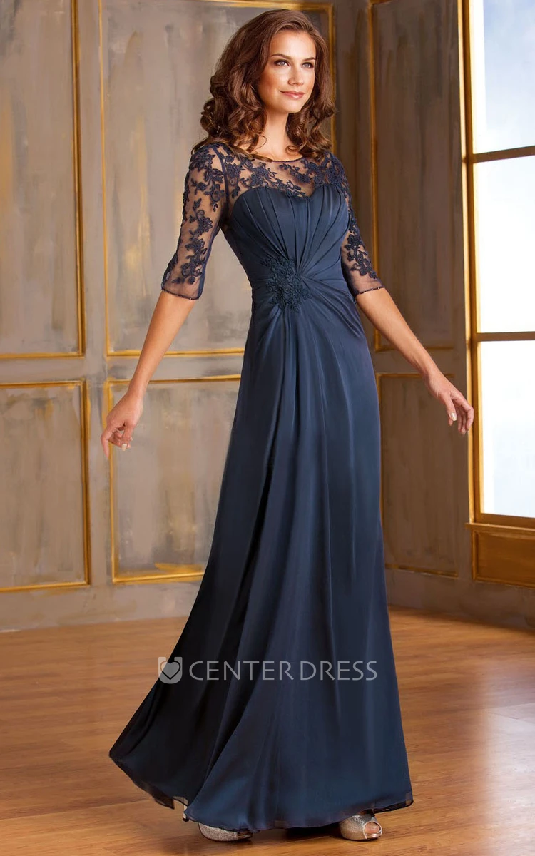Half-Sleeved A-Line Long Mother Of The Bride MOB Dress With Keyhole Back  And Appliques - UCenter Dress