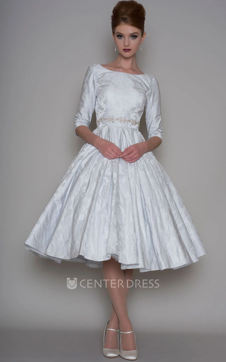 A-Line Tea-Length 3-4 Sleeve Bateau Neck Jeweled Satin Wedding Dress