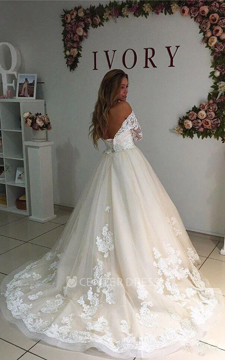 Ball Gown Off-the-shoulder Lace Tulle Low-V Back Wedding Gown