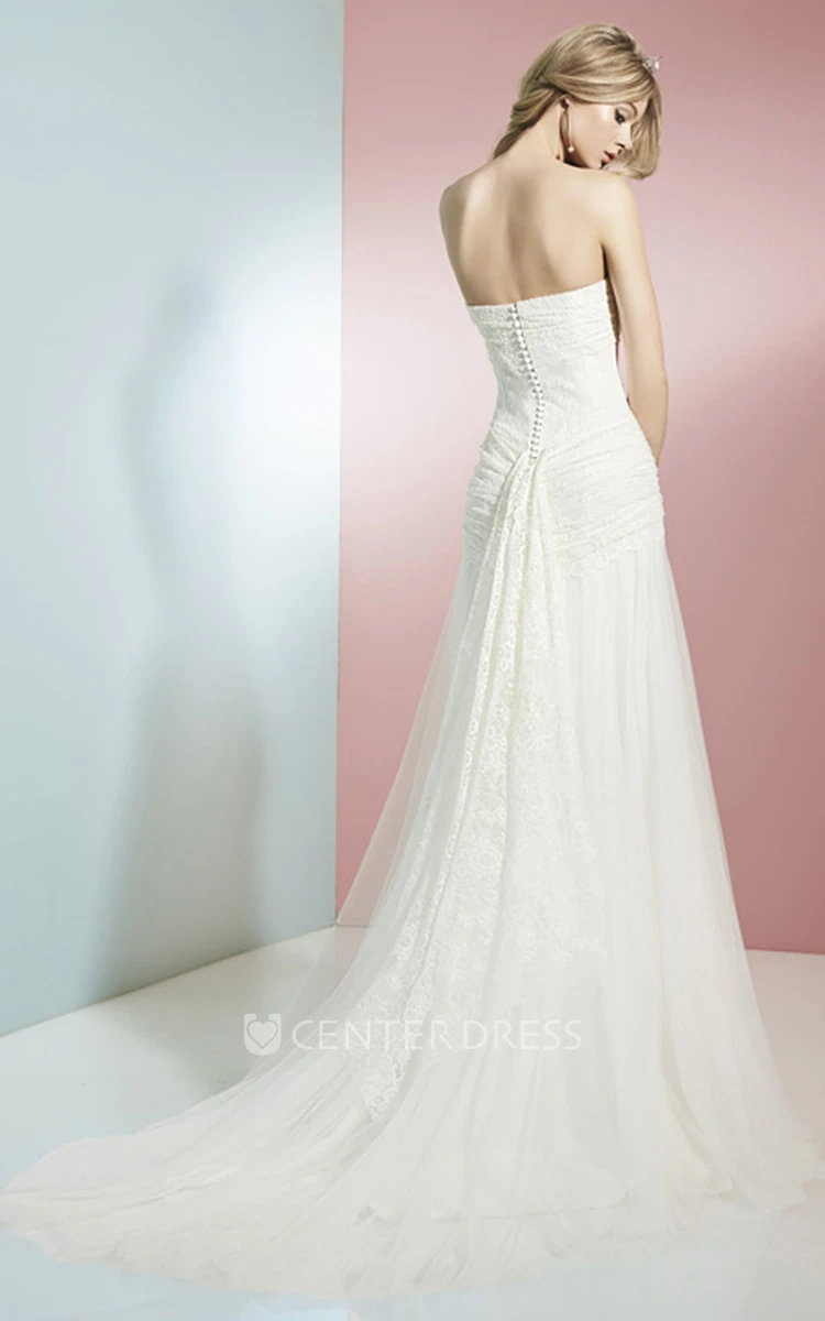 Strapless Long Lace Tulle Wedding Dress With Court Train