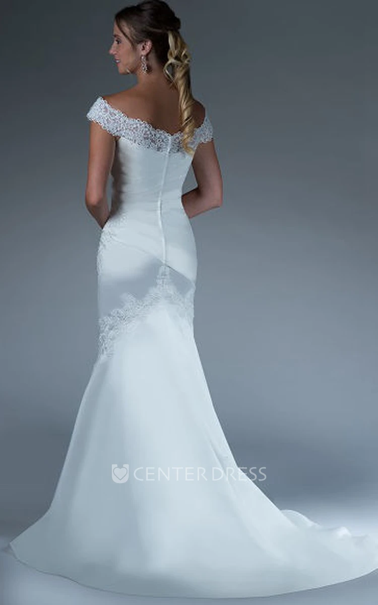 Lace Off Shoulder Sheath Satin Bridal Gown With Ruching