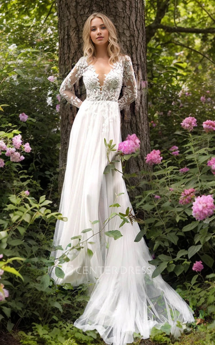 Ethereal Elegant Long Sleeve A-Line Plunging V-Neck Lace Appliques Tulle Wedding Dress Sexy Vintage Garden Floor-length Deep-V Back Bridal Gown with Train