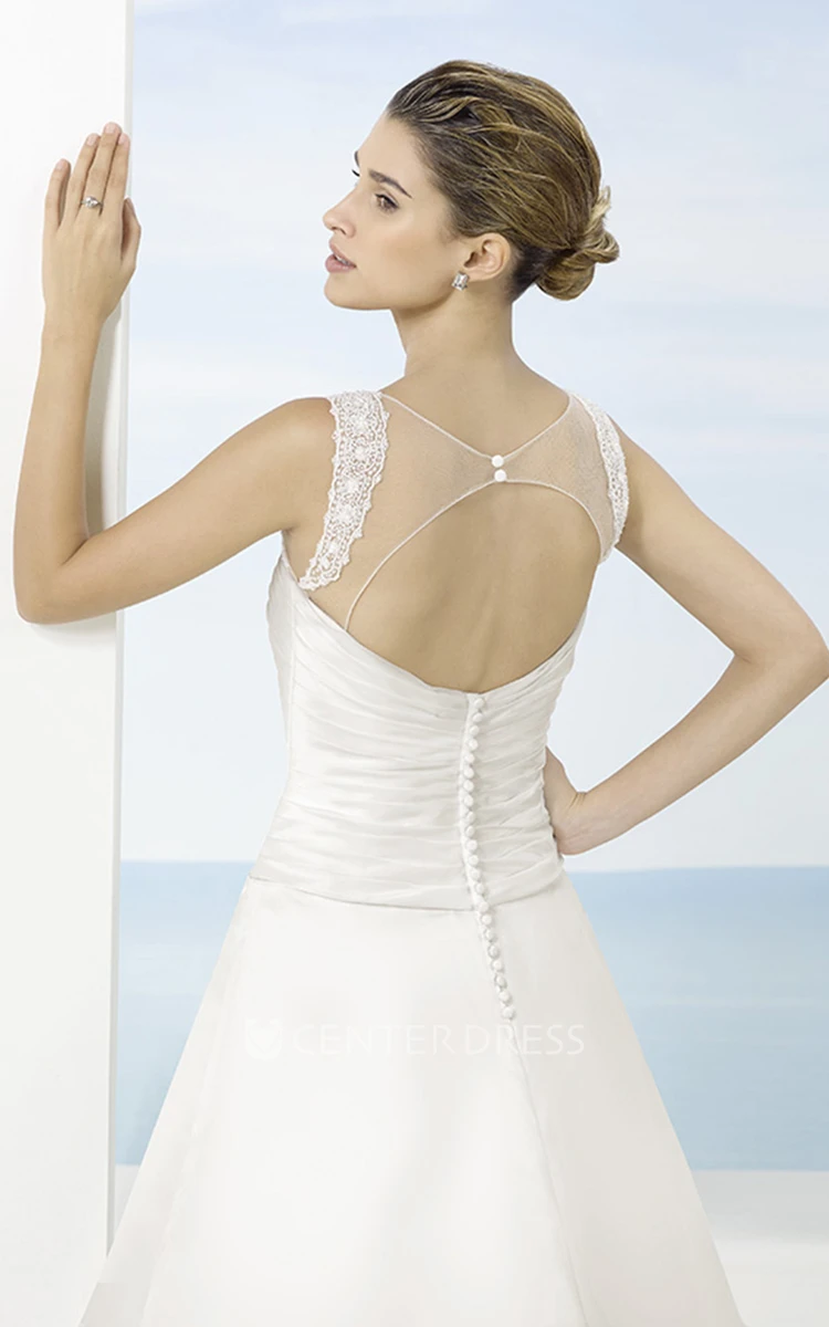 A-Line Sleeveless Floor-Length Scoop Draped Satin Wedding Dress With Beading And Waist Jewellery