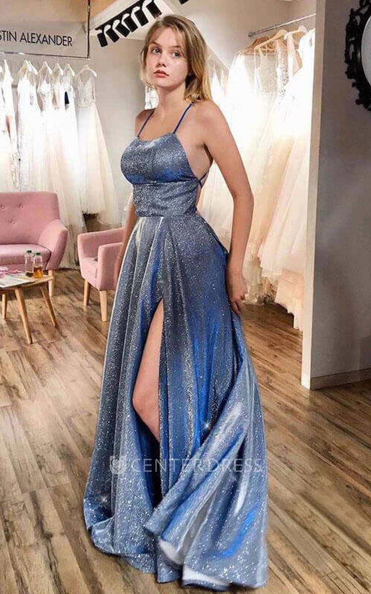 Elegant A Line Sequins Floor-length Formal Dress With Open Back And Spaghetti Neckline