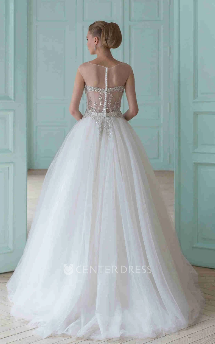 Ball Gown Pleated Scoop-Neck Sleeveless Long Tulle Wedding Dress With Beading And Illusion