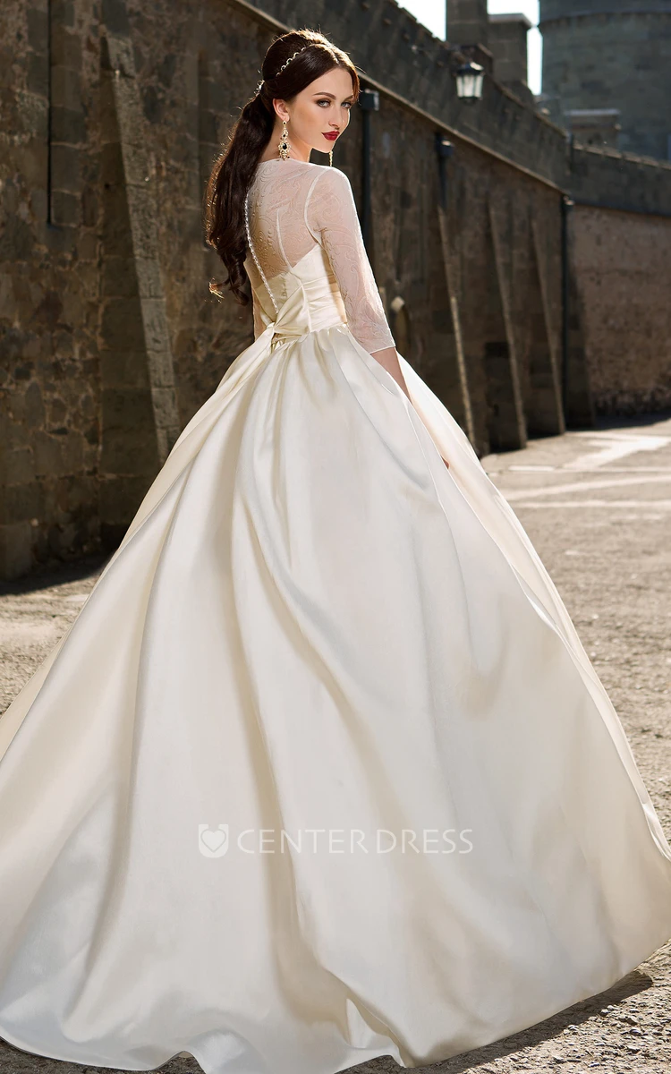 Ball Gown Long Jewel-Neck Illusion-Sleeve Illusion Satin Dress With Ruching And Beading