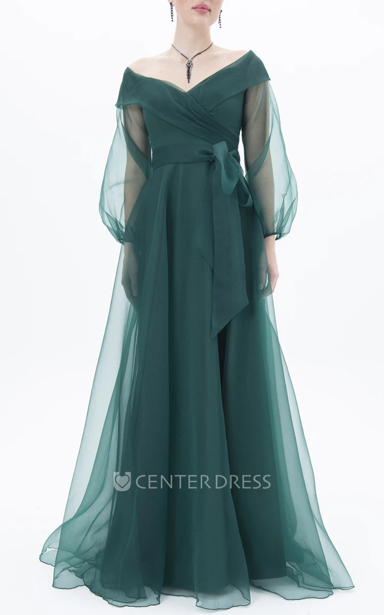 Simple Tulle Long Sleeve Floor-length A Line Prom Dress with Split Front