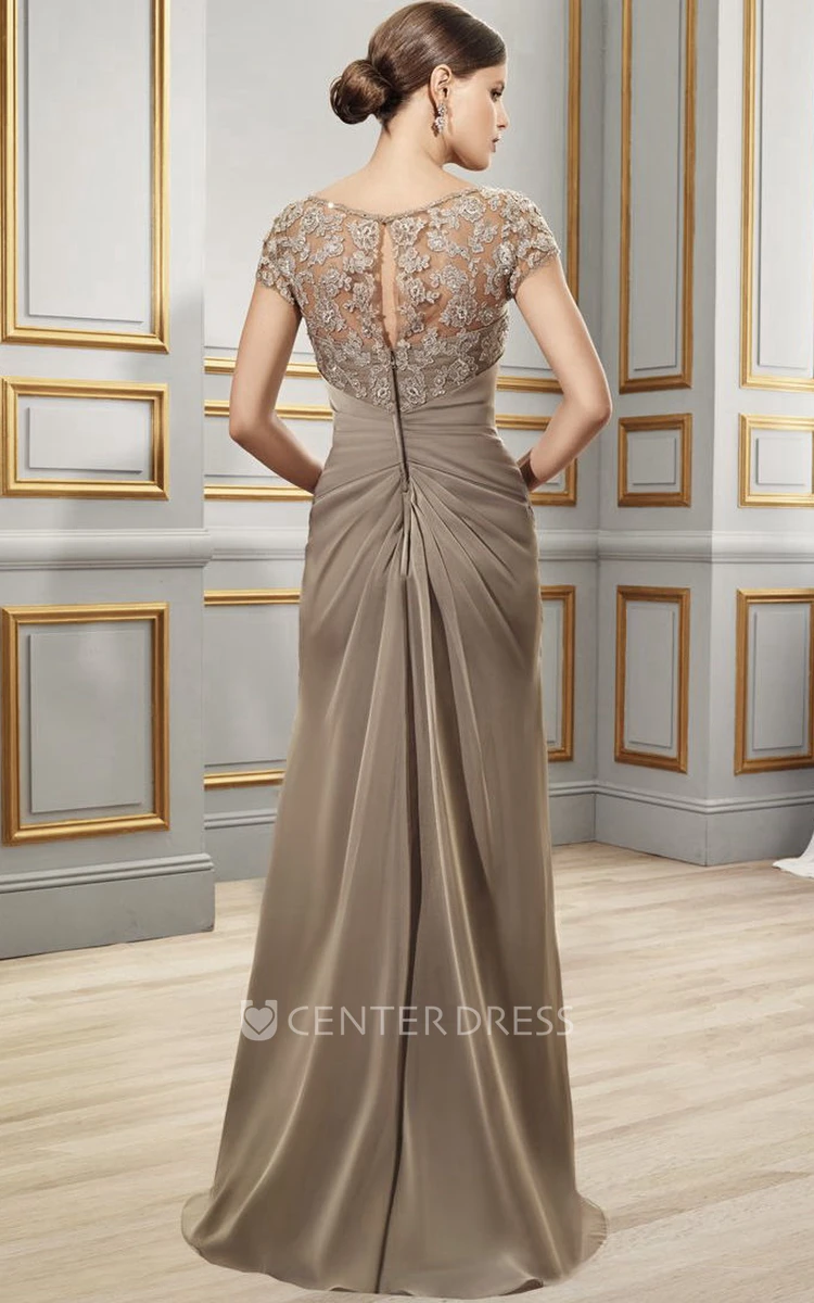 Sheath Appliqued Short-Sleeve Scoop Floor-Length Chiffon Formal Dress With Illusion Back And Draping