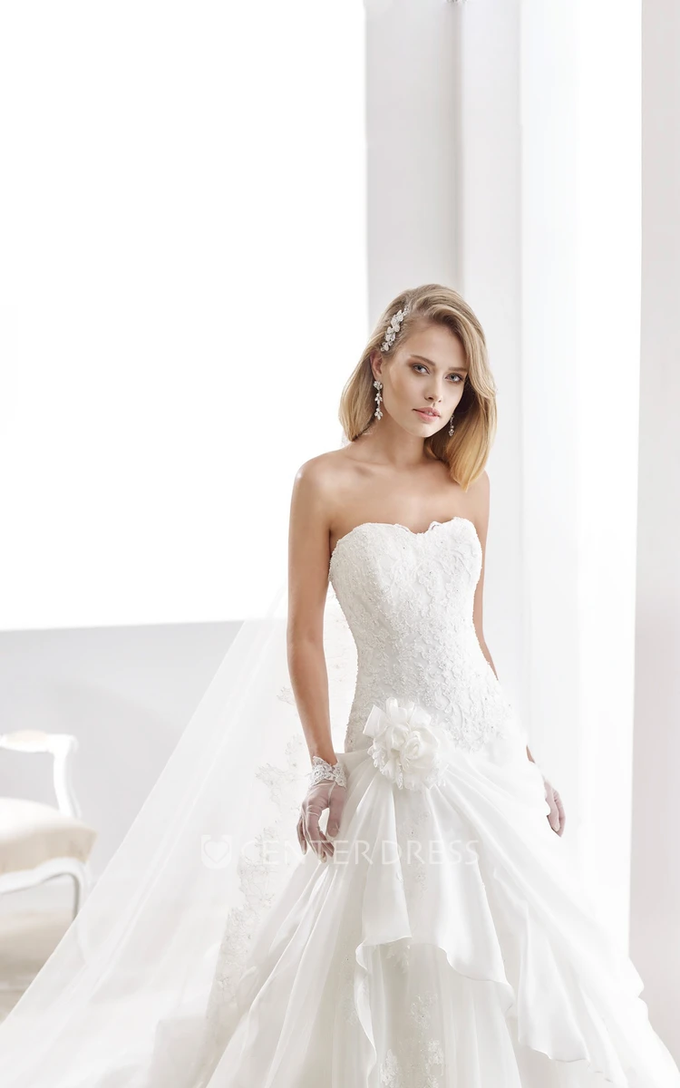 Strapless A-Line Lace Gown With Side Draping Ruffles And Floral Decorations