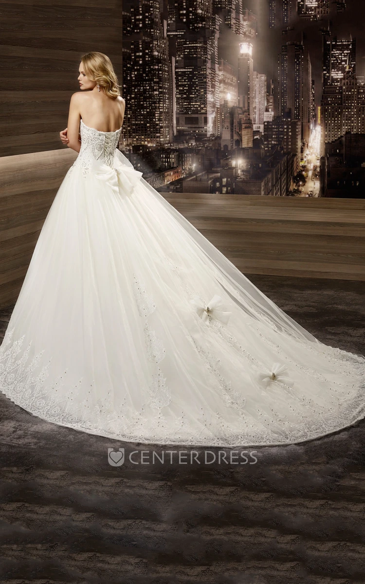 Strapless Court-train Back-bow A-line Wedding Gown with Sequins Corset and Lace-up Back