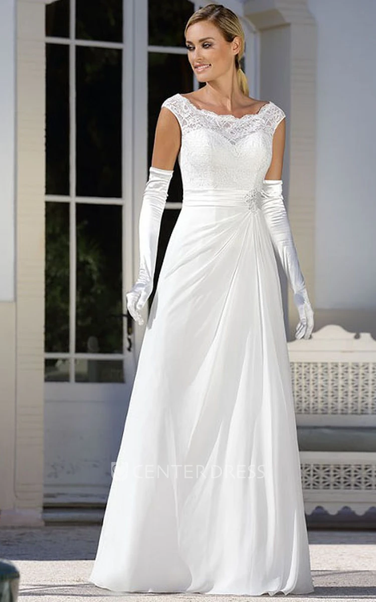 A-Line Long Cap-Sleeve Bateau Side-Draped Satin&Lace Wedding Dress