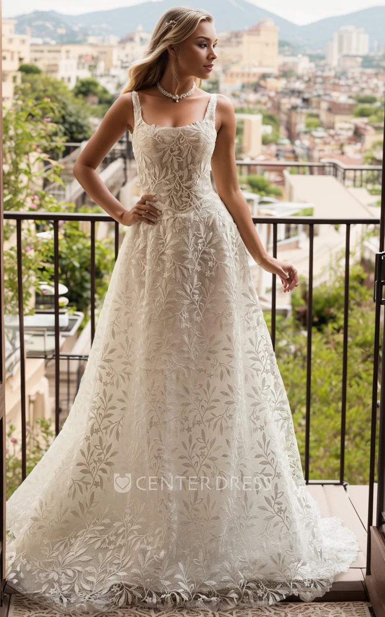 Ethereal Summer A-Line Sleeveless Boho Lace Wedding Dress Modern Floral A-Line Zipper Back Bridal Gown