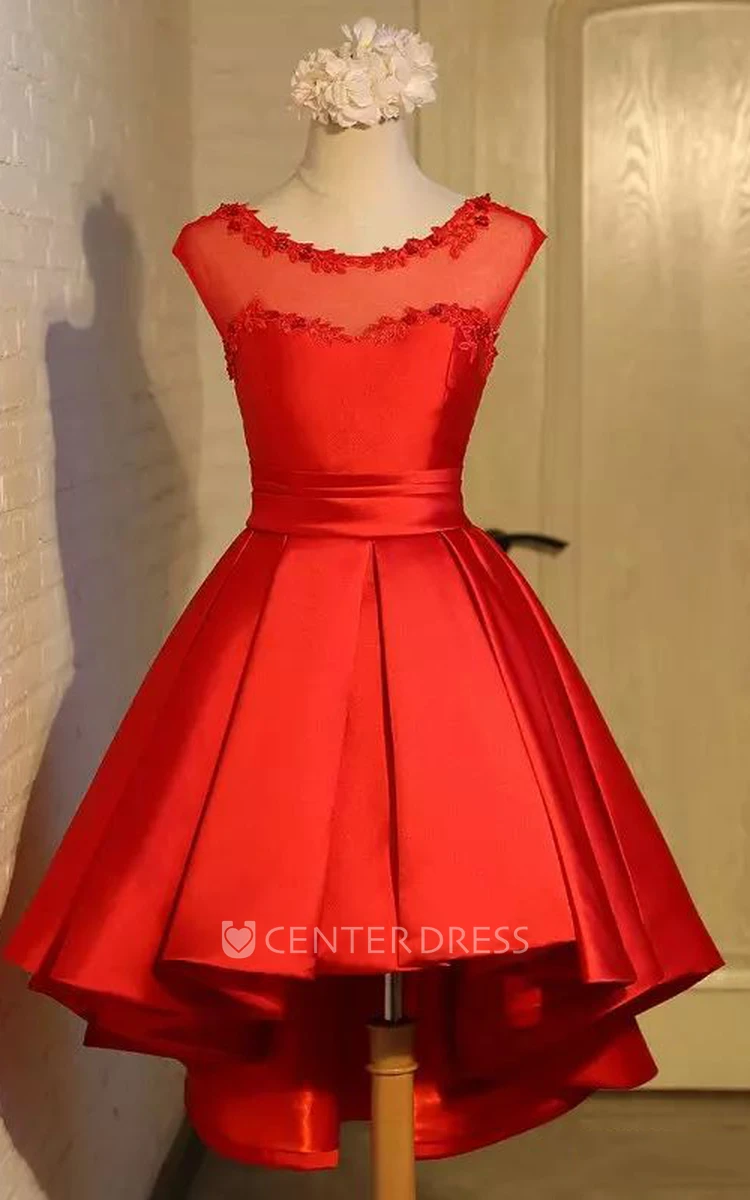Short Sleeve A-line Bateau High-low Satin Prom Dress with Appliques Beading and Pleats