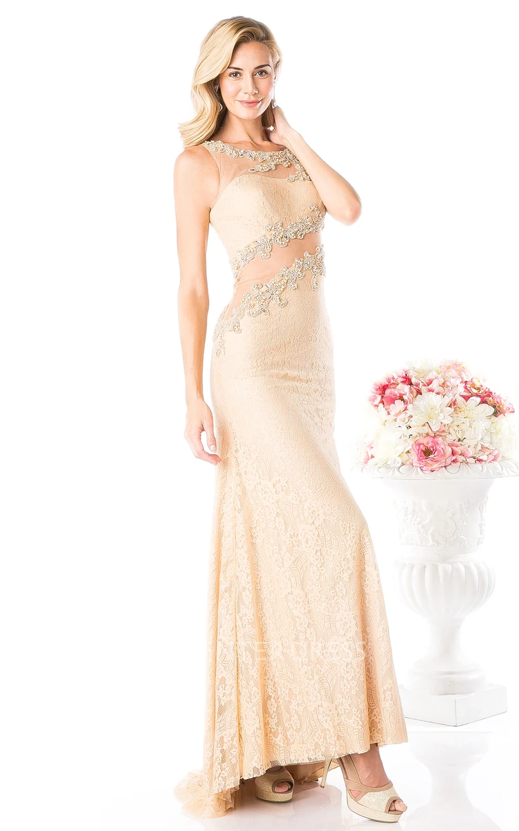 Sheath Long Scoop-Neck Sleeveless Lace Dress With Appliques