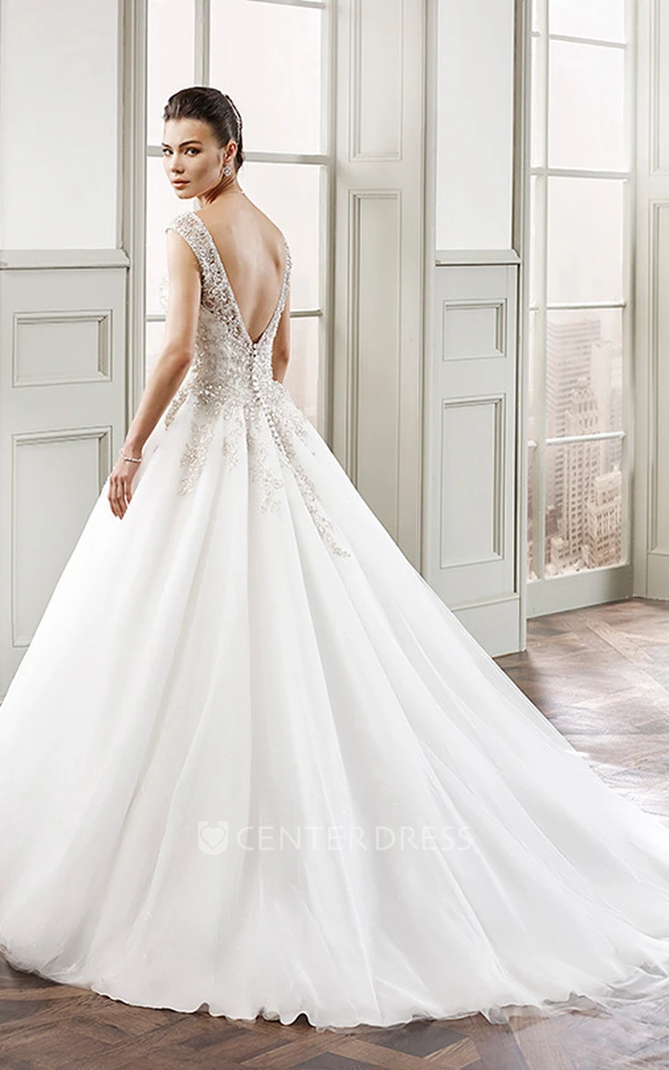 Ball Gown Sleeveless Beaded Floor-Length V-Neck Tulle Wedding Dress