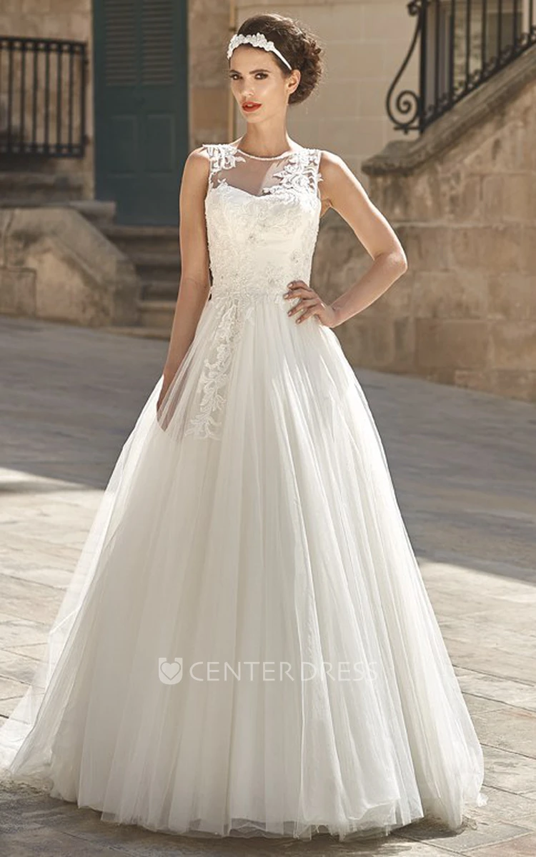 A-Line Embroidered Sleeveless Floor-Length Scoop-Neck Tulle Wedding Dress With Pleats