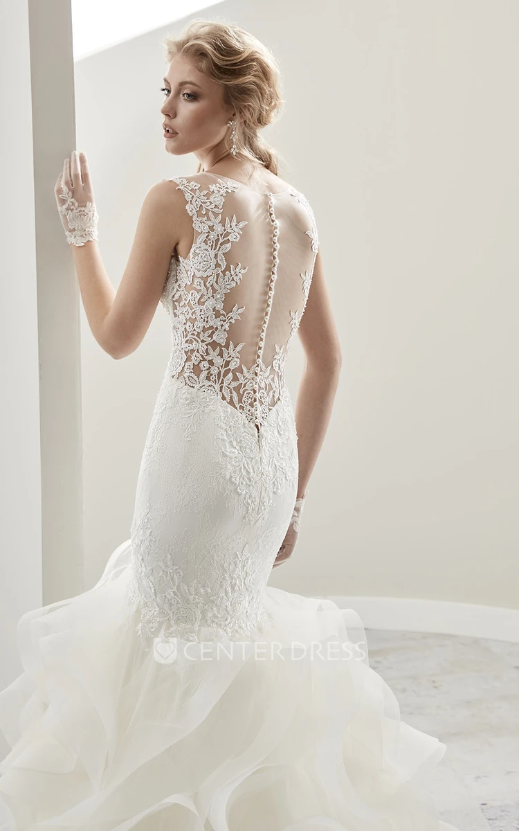 Cap Sleeve Jewel-Neck Sheath Gown With Ruffles And Illusion Design