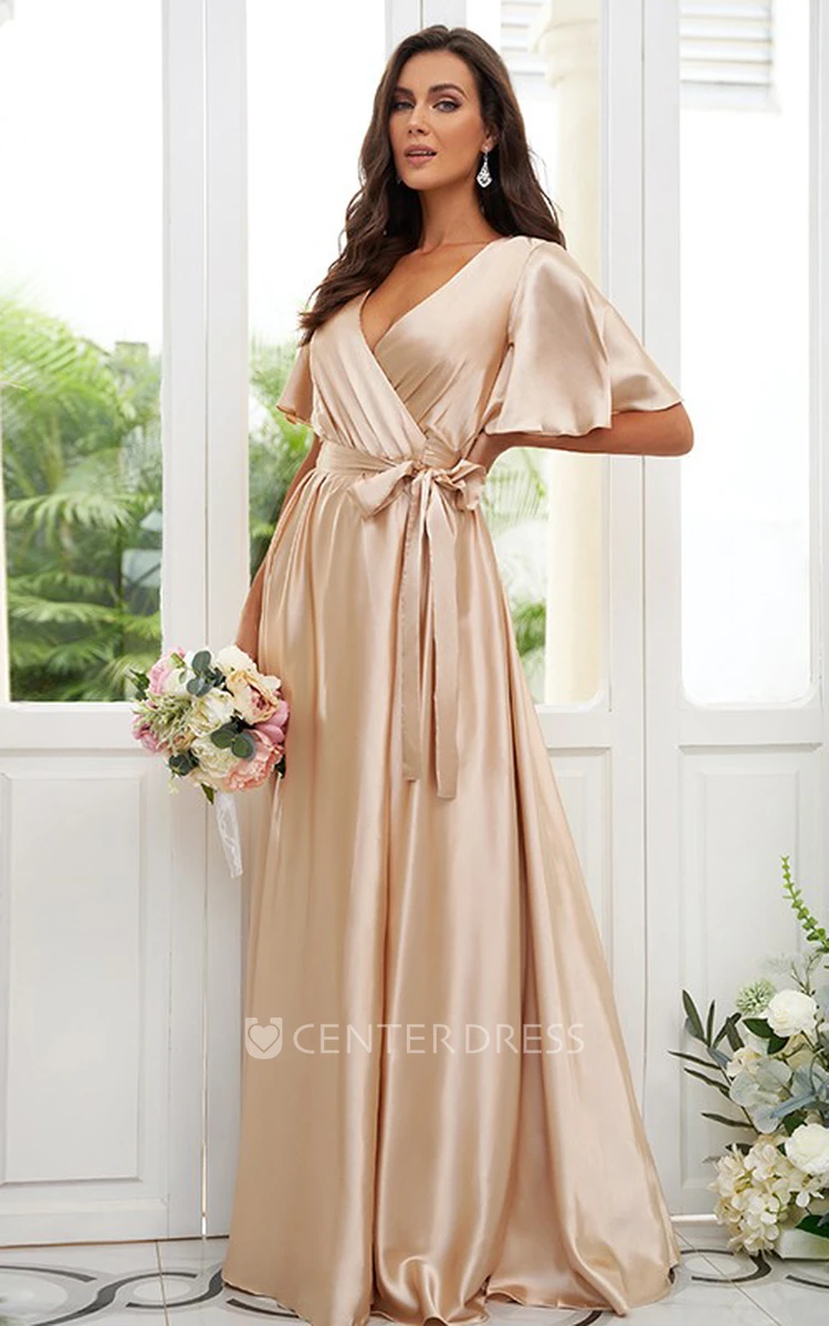 A-Line Satin Half Sleeve Bridesmaid Dress 2023 Modern V-neck Floor-length