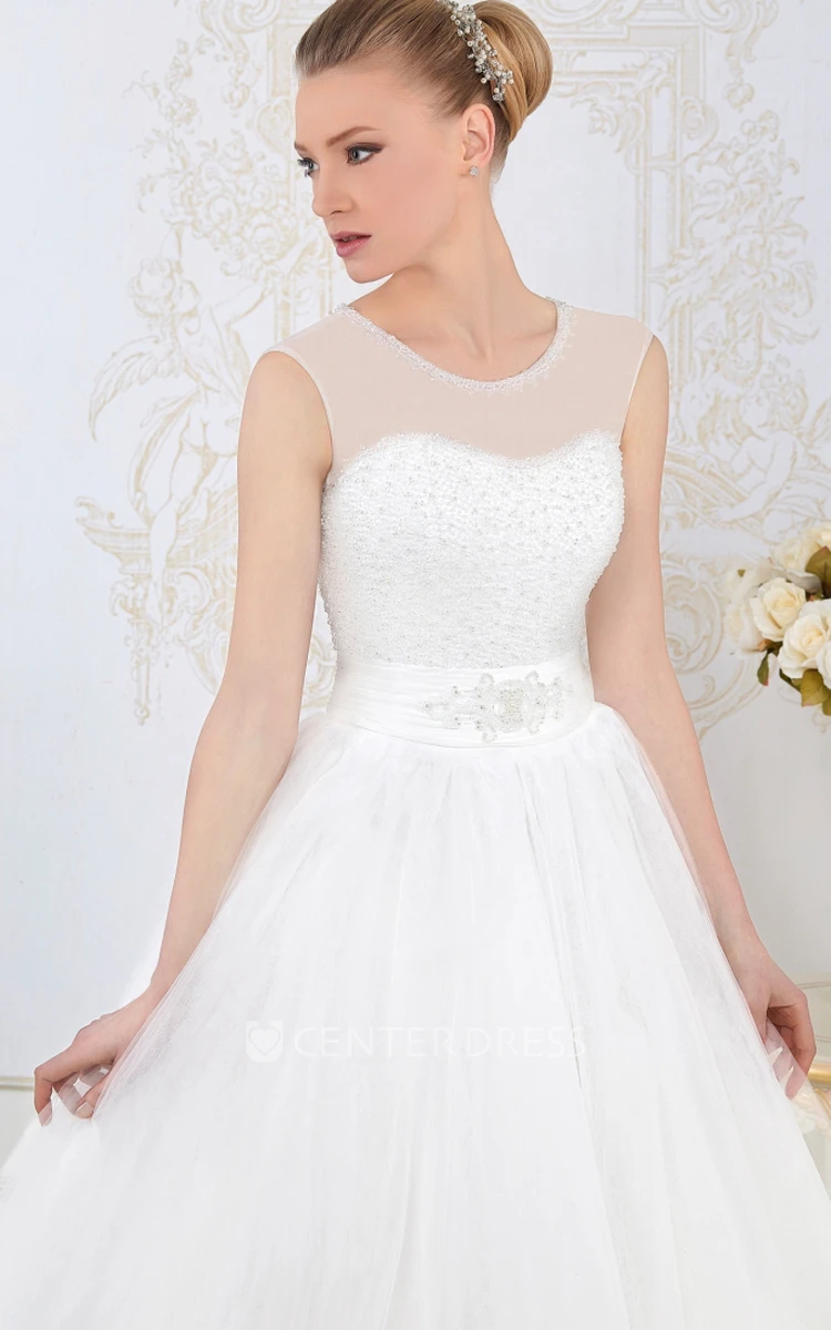 A-Line Sleeveless Beaded Scoop-Neck Long Tulle Wedding Dress With Waist Jewellery