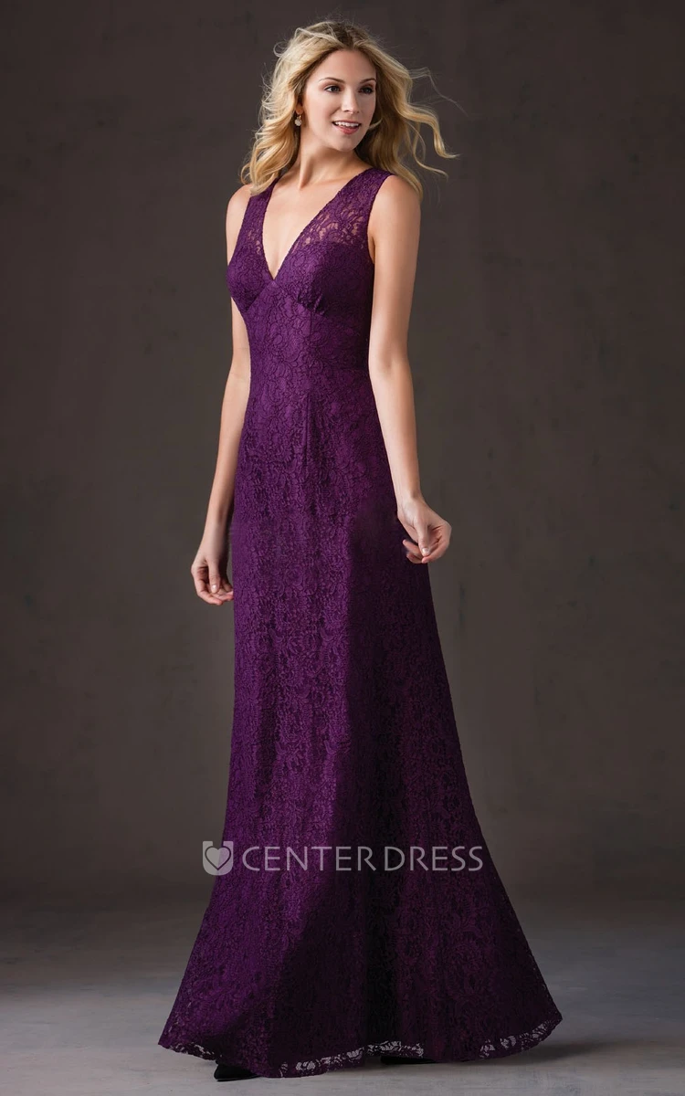 Simple V-Neck Long Lace Bridesmaid Dress With Illusion Style