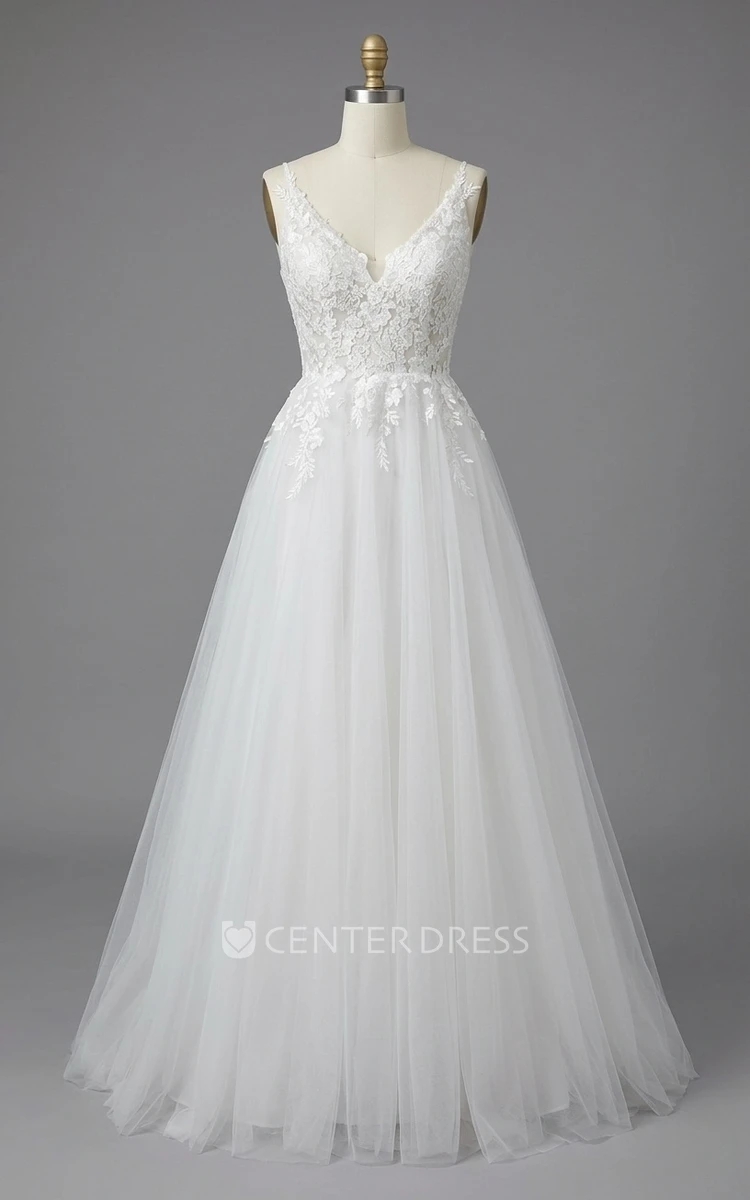 Rustic Lace A-Line Spaghetti Wedding Dress Sleeveless Deep V-Neck Elopement Bridal Gown