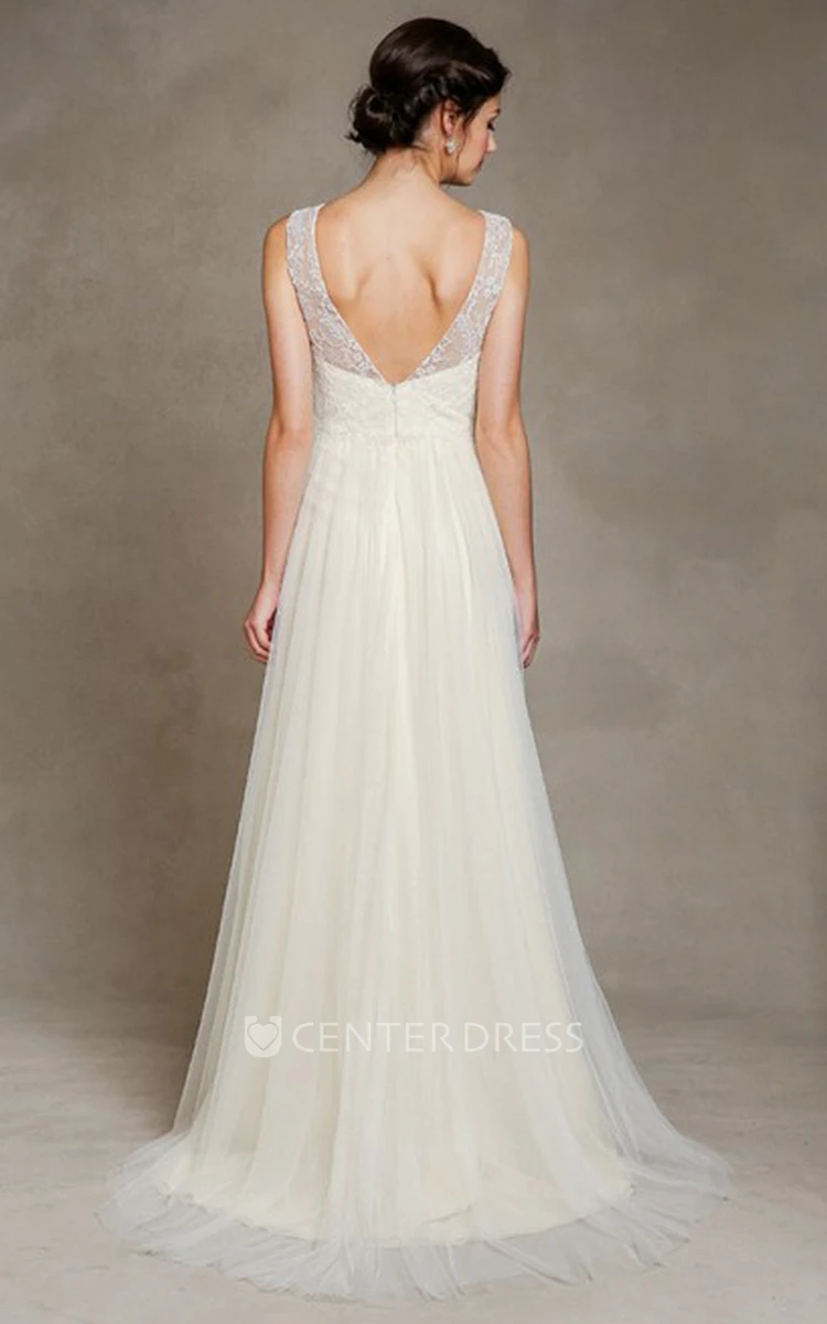 A-Line Maxi Sleeveless Scoop-Neck Embroidered Tulle Wedding Dress With Pleats