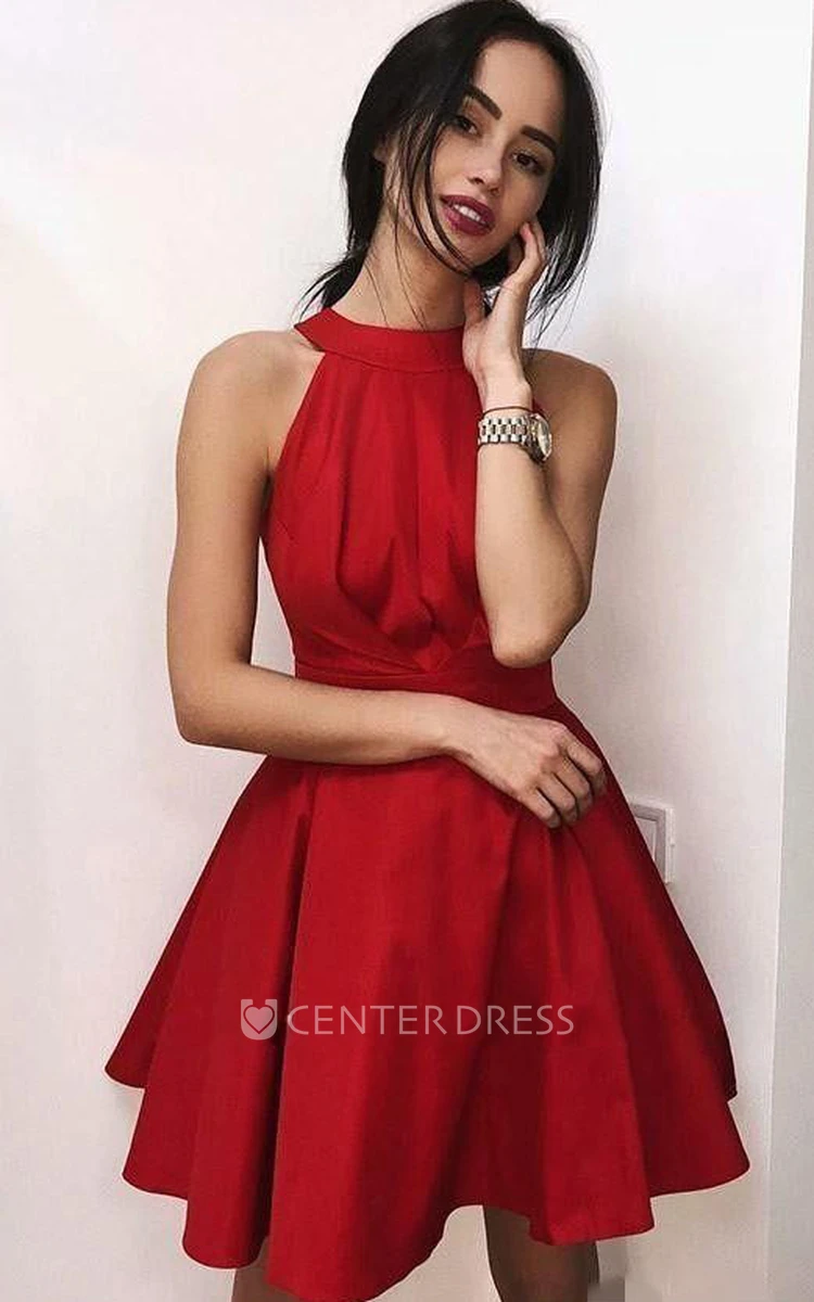 Adorable A Line Satin Halter Sleeveless with Ruching and Ruffles Homecoming Dress