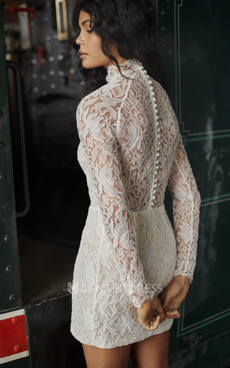 Vintage Mini Sheath Bodycon Lace High Neck Wedding Dress