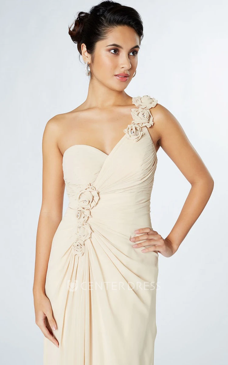 Sheath Sleeveless One-Shoulder Floral Chiffon Bridesmaid Dress