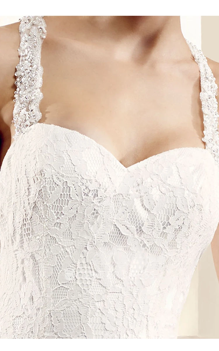 Floor-Length Halter Lace Wedding Dress With Brush Train