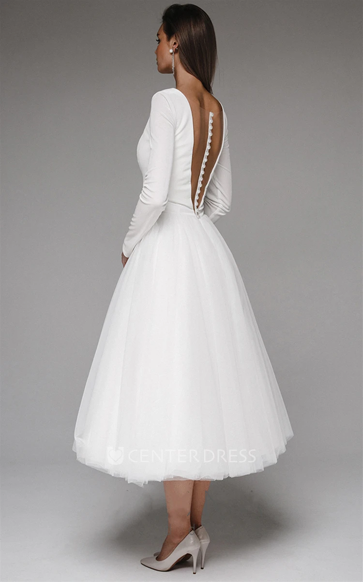 Beautiful Tea-length A Line Plunging Neckline Satin Wedding Dress