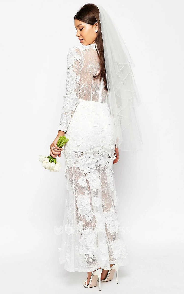 Sheath High Neck Long-Sleeve Lace Wedding Dress With Illusion
