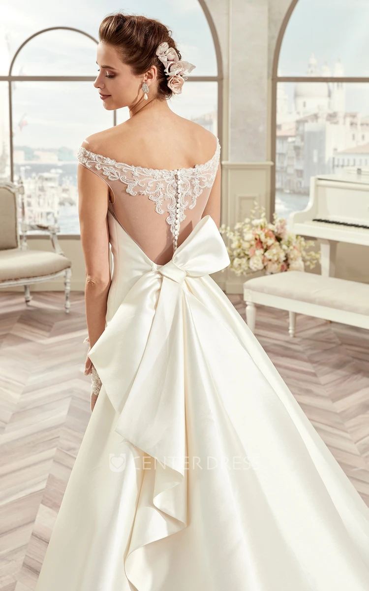Off-Shoulder Satin Long Wedding Dress With Illusive Design And Back Bow