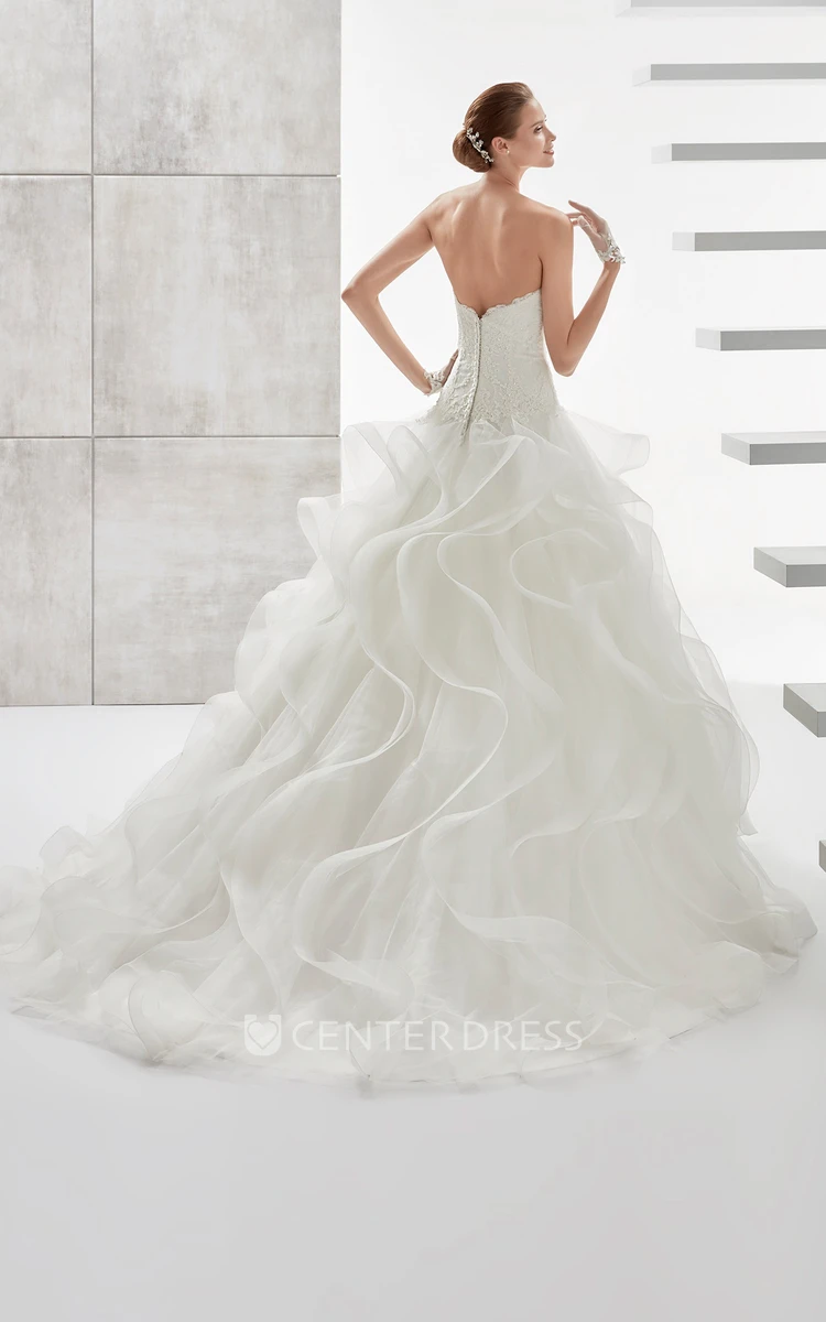 Strapless A-line Wedding Dress with Lace Corset and Cascading Ruffles