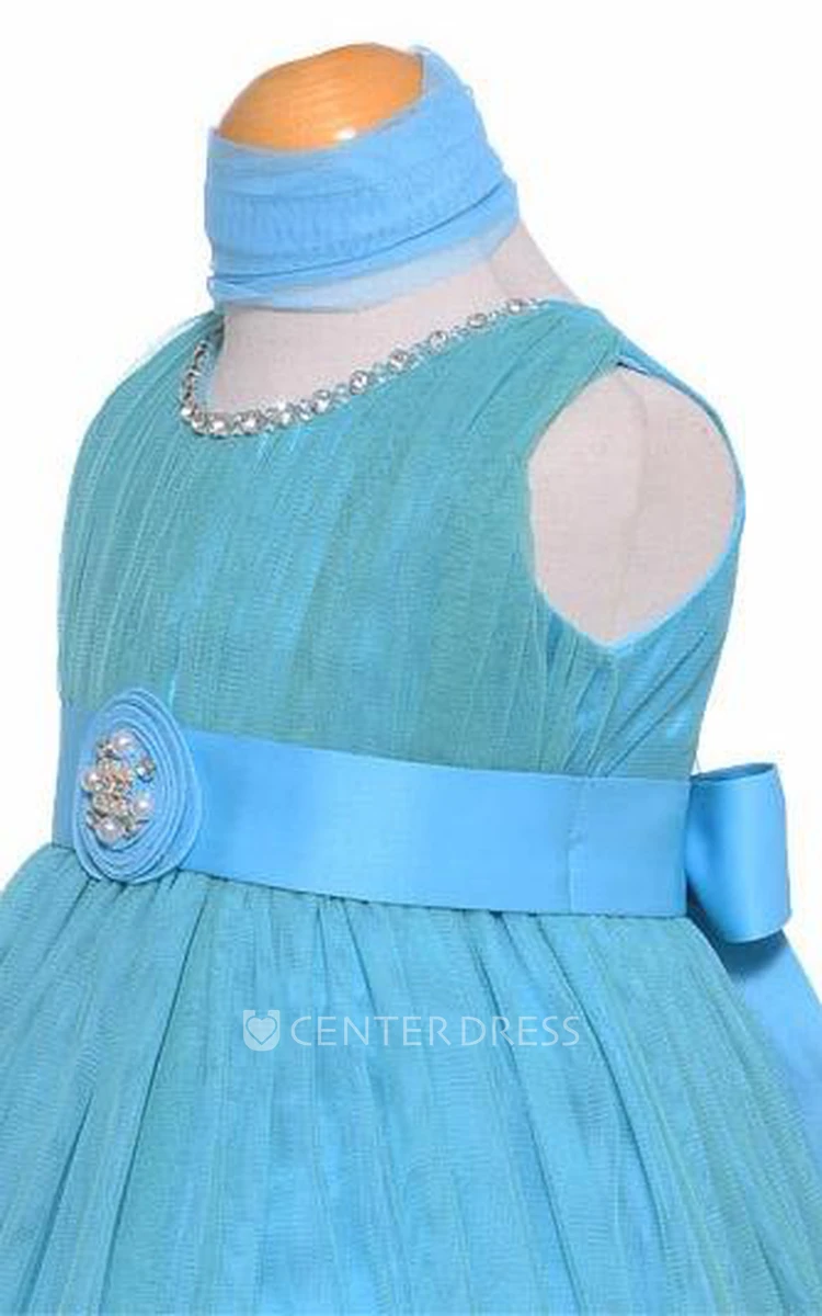 Tea-Length Jewel Tiered Pleated Tulle&Satin Flower Girl Dress