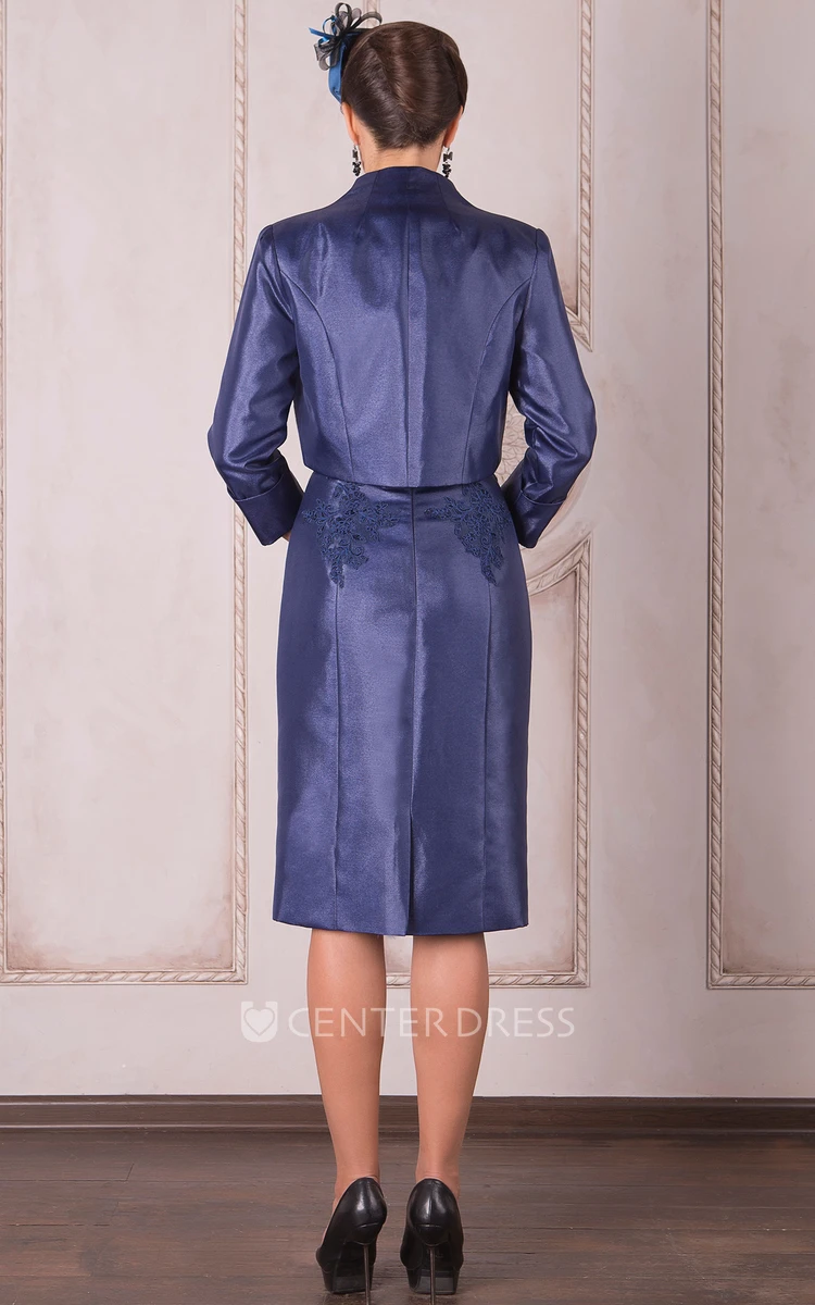 Knee-Length Pencil Appliqued High Neck Long Sleeve Satin Mother Of The Bride Dress
